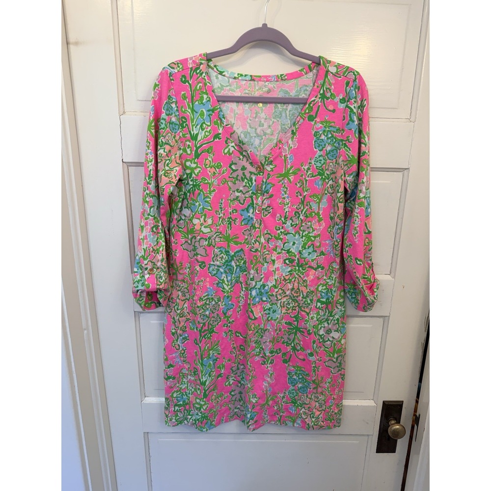 Lilly Pulitzer Dress Palmetto Floral Pink Green 100% Pima Cotton Style 20759 L
